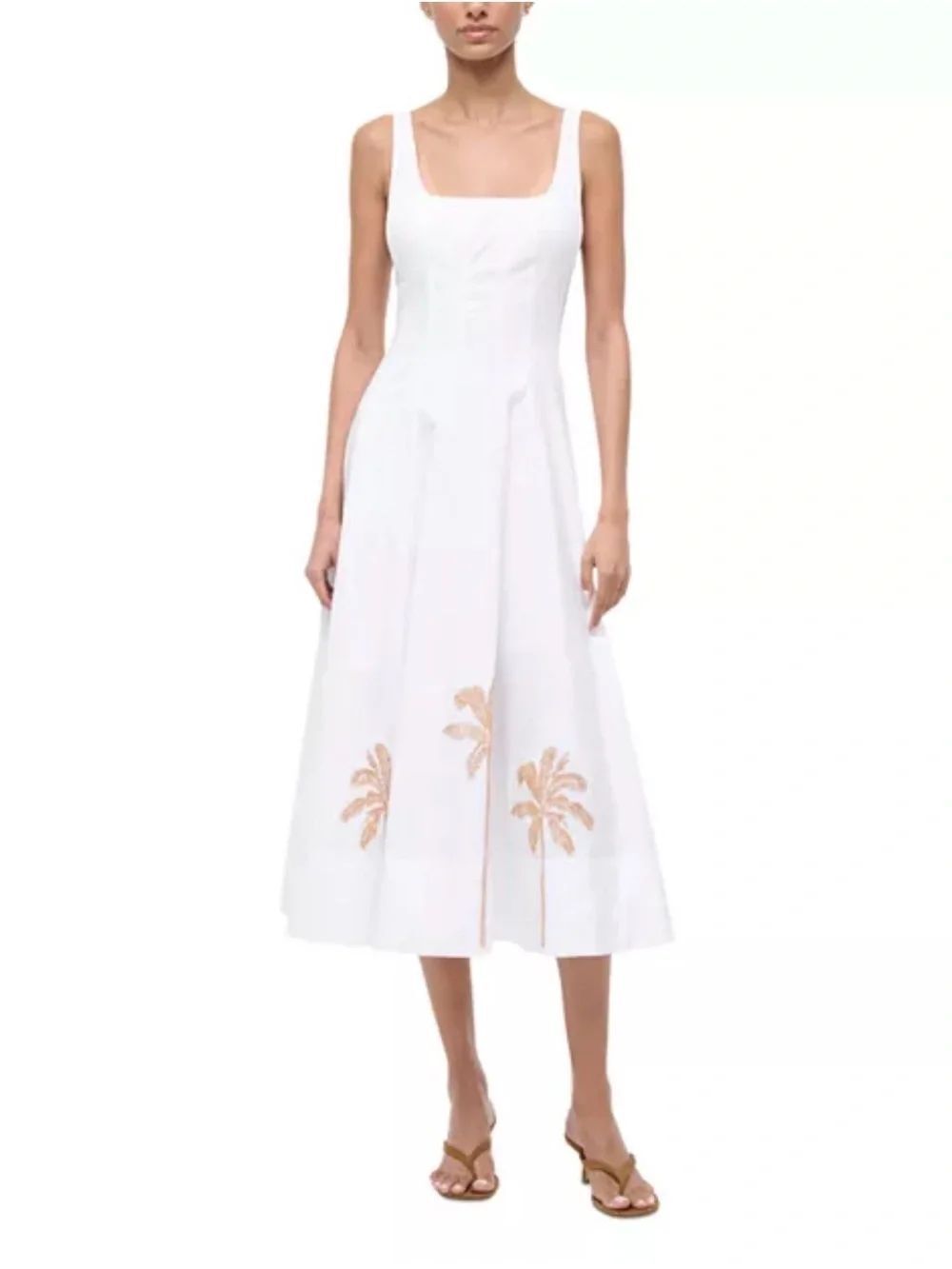 STAUD | Wells White Sleeveless Midi Dress with Embroidered Palm Detail - Size 6